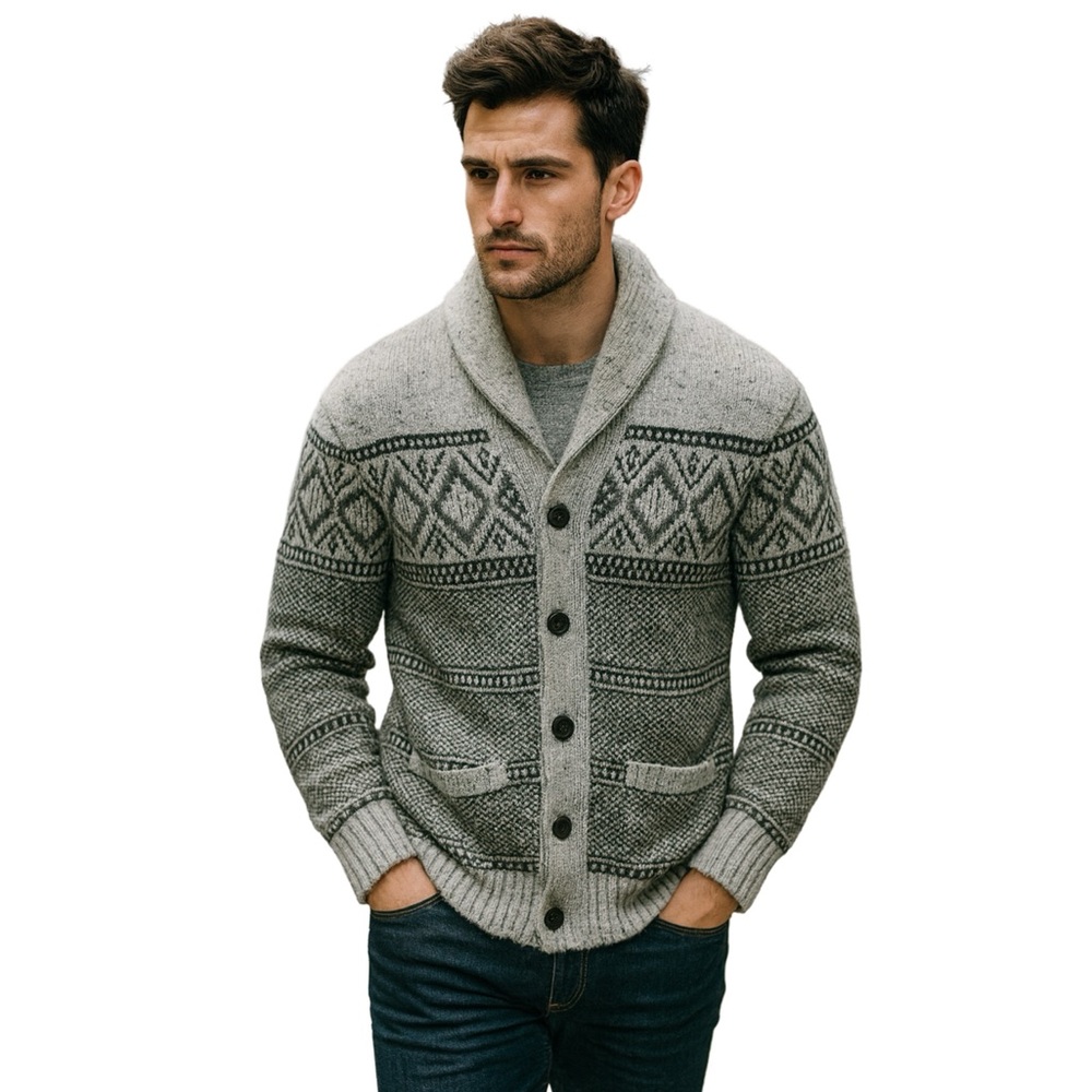 WindRiver Men's Gray Fair Isle Knit Patterned Sweater Cardigan Preppy Old Money
